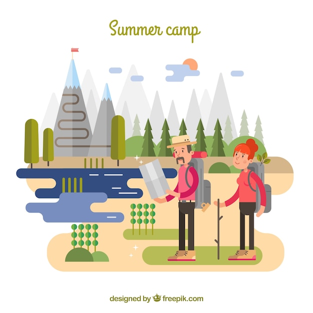 Free vector summer camp background with couple traveling