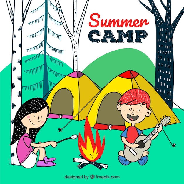 Summer camp background with happy kids