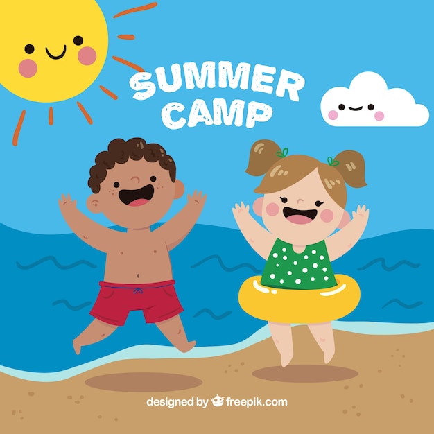 Summer camp background with kids at beach