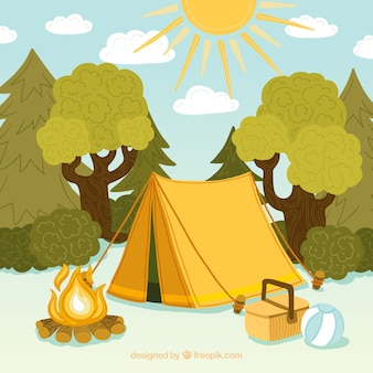 텐트와 나무 여름 캠프 배경