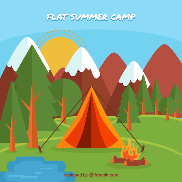 Summer camp background with tent and campfire