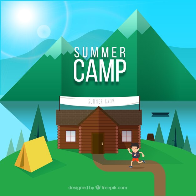 Summer camp background with wooden house and tetn