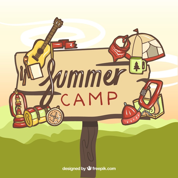 Free vector summer camp background with wooden sign