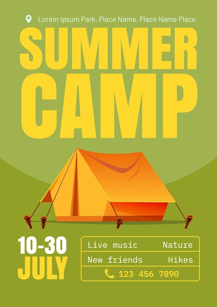Free vector summer camp cartoon poster with tent, invitation