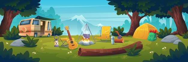 Летний лагерь в дневное время. Стенд для каравана у костра с горшком, палаткой, бревном, котлом и гитарой с видом на горы