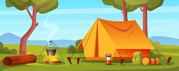 Летний лагерь в лесу с рюкзаком для костра и фонарем
