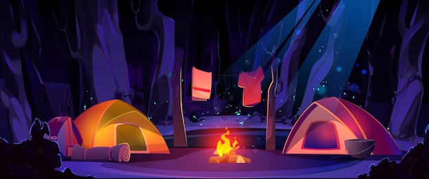 Summer camp in night forest cartoon illustration