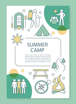 여름 캠프, 휴가, 휴가 리조트 브로셔 템플릿 레이아웃. 전단지, 소책자, 선형 삽화가 있는 전단지 인쇄 디자인. 잡지, 연례 보고서, 광고 포스터를 위한 벡터 페이지 레이아웃