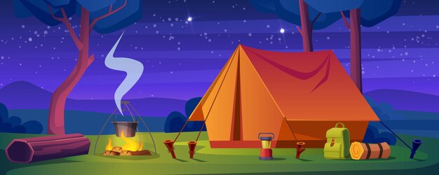 Summer camp with bonfire and tent at night