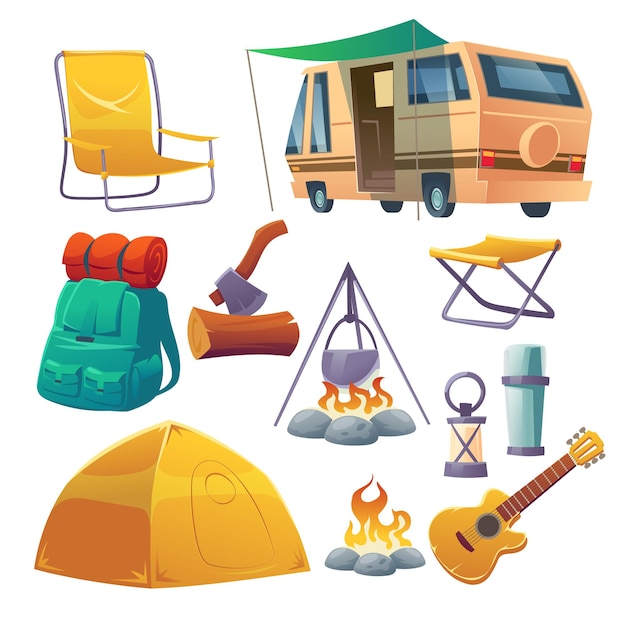 Summer camp with tent, bonfire, backpack and van