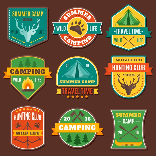 Free vector summer camping colorful emblems