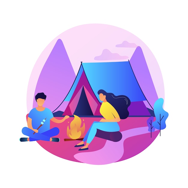 Summer camping relax. Summertime recreation, hiking tour, mountain tourism. Backpackers resting near tent, eating snacks near campfire. Open air vacation.
