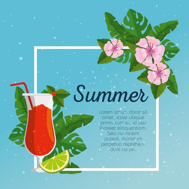 Free vector summer card and tropical flowers with leaves and cocktails