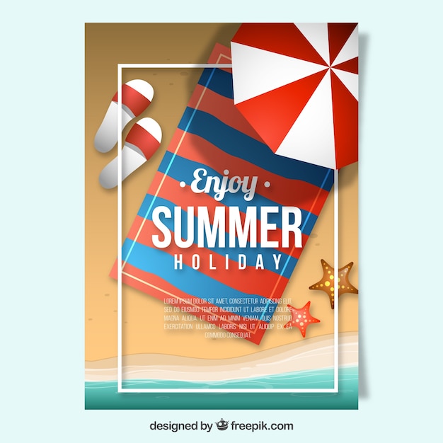 Free vector summer card with beach towel and umbrella