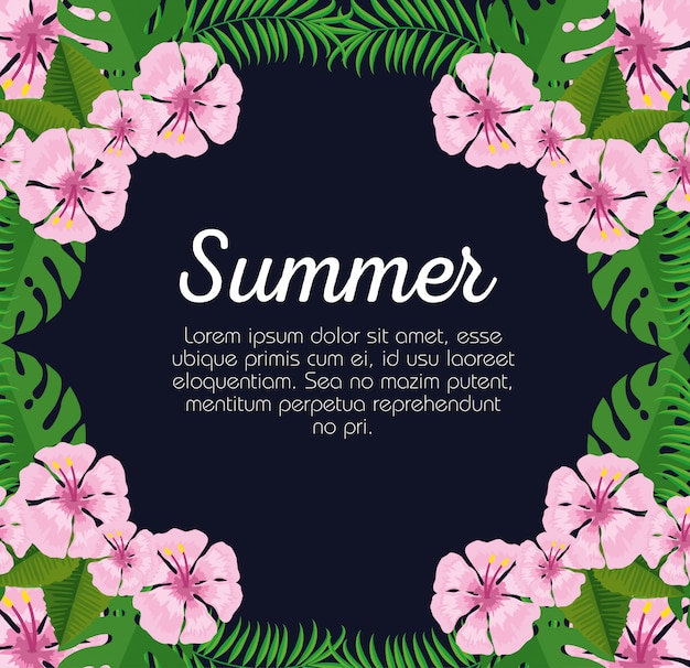 Summer card with exotic flowers and leaves