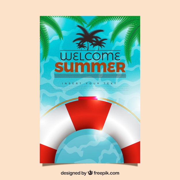 Summer card with life preserver and palm leaves