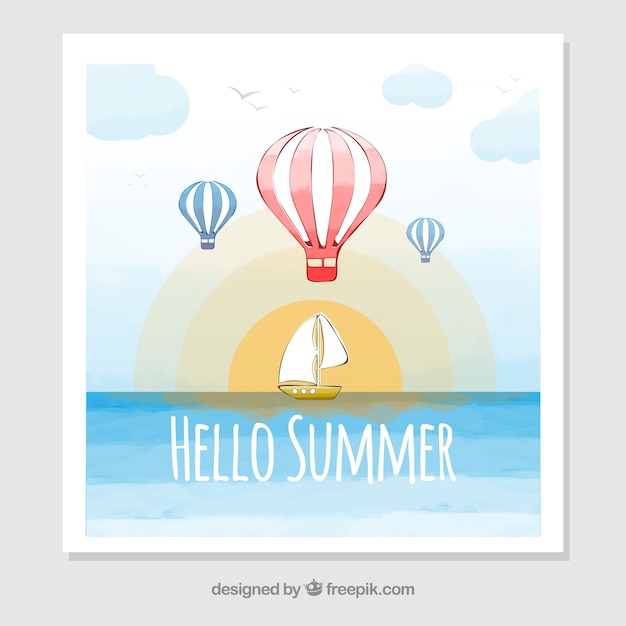 Summer card with sailing boat and hot air balloons