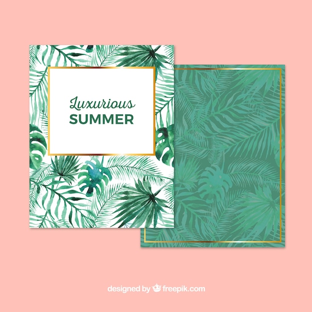 Summer card with watercolor palm leaves