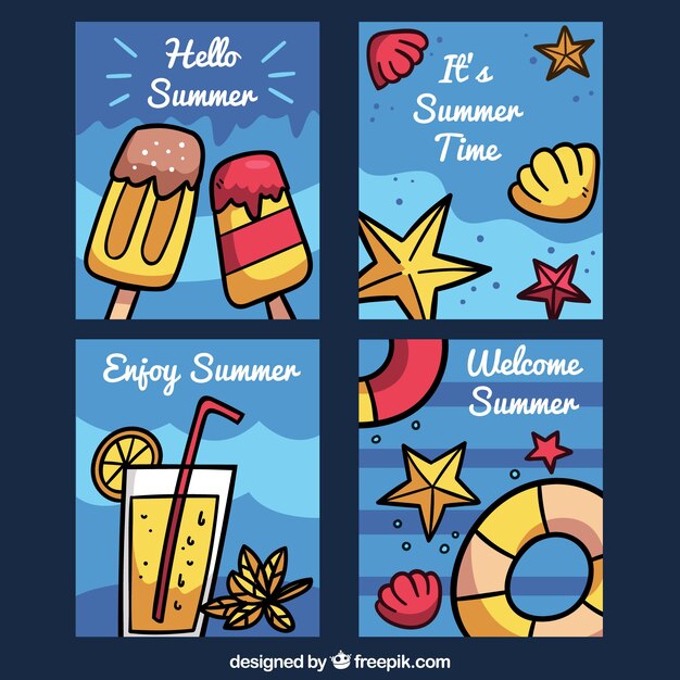 Summer cards collection with food and sea shells