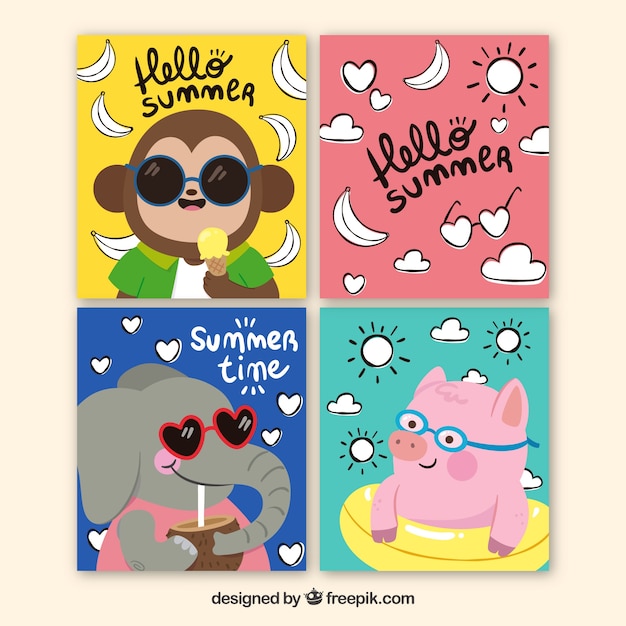 Free vector summer cards collection with funny animals