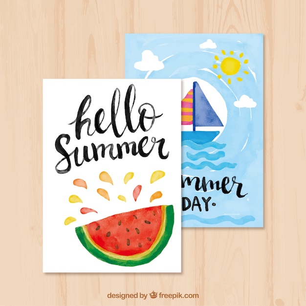 Free vector summer cards with watermelon and watercolor boat