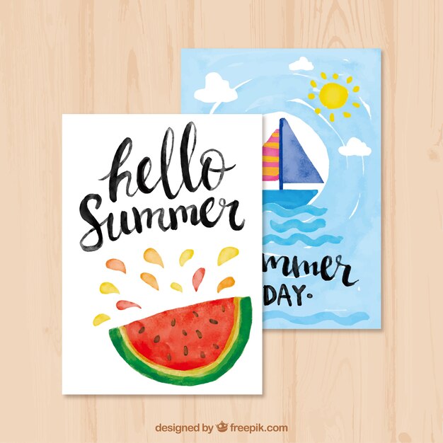 Summer cards with watermelon and watercolor boat