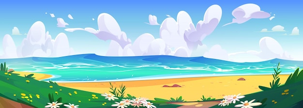 Cartone animato estivo spiaggia di sabbia mare e sfondo vettoriale cielo blu acqua sulla costa tropicale con fiori e erba verde laguna caraibica bellissima scena paesaggistica panorama concetto di striscione