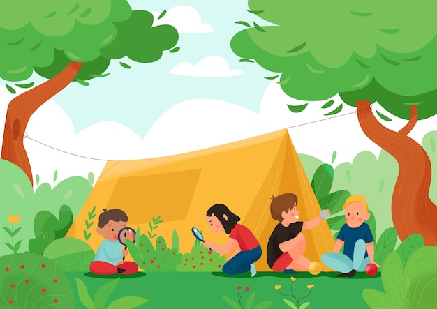 활동 텐트 구성을 하는 여름 아이들은 숲 벡터 삽화에서 열매를 찾고 보고 있습니다.