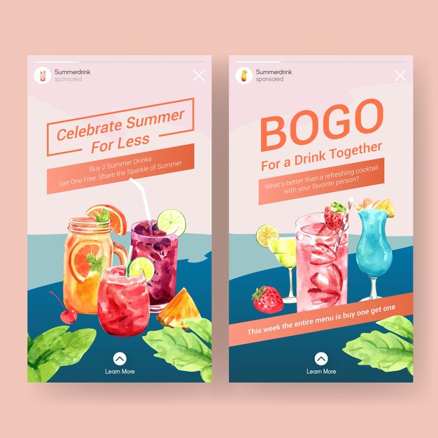 Free vector summer cocktails for instagram stories templates