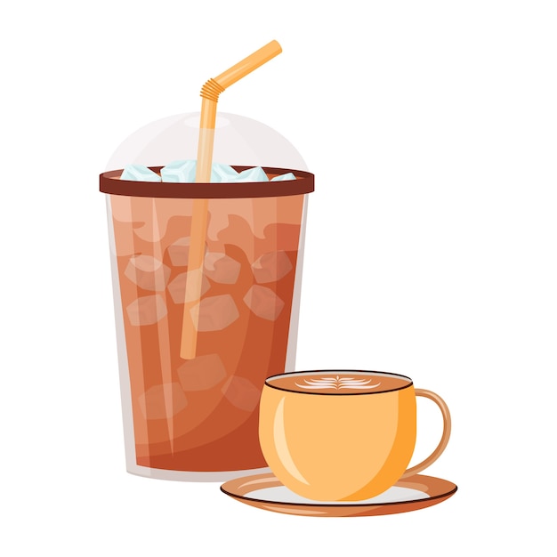 夏のコーヒーショップメニュー漫画イラスト アイスアメリカーノ セラミックマグのカプチーノ ストローとプラスチックカップ カフェインはフラットカラーのオブジェクトを飲みます 白い背景に分離されたリフレッシュメントシェイク プレミアムベクター