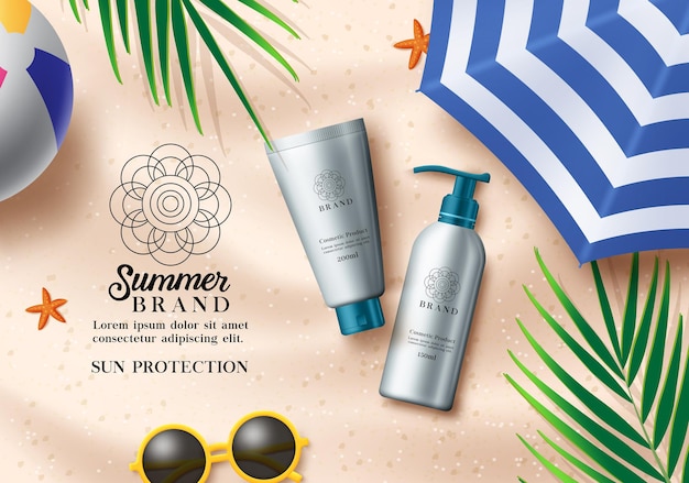 Summer cosmetic products vector template summer advertising skin care products in sand beach