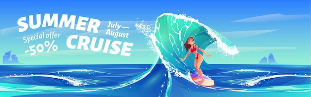Free vector summer cruise banner with surfer girl. vector poster with special offer for travel tour to tropical sea with cartoon illustration of woman riding ocean wave on surf board