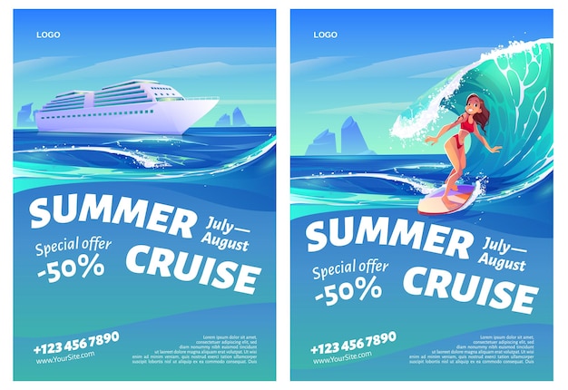 Free vector summer cruise flyers set with ship and surfer girl.