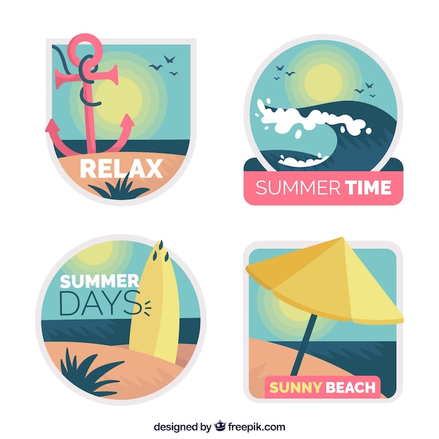 무료 벡터 평면 디자인의 여름 귀여운 라벨 컬렉션
