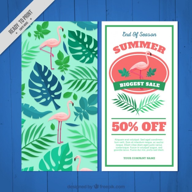 Бесплатное векторное изображение Летняя скидка брошюра с фламинго и пальмовых листьев