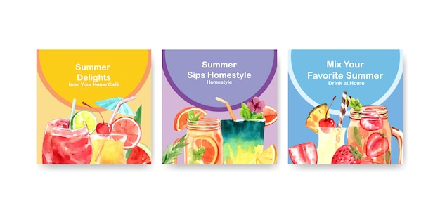 Free vector summer drink square banners