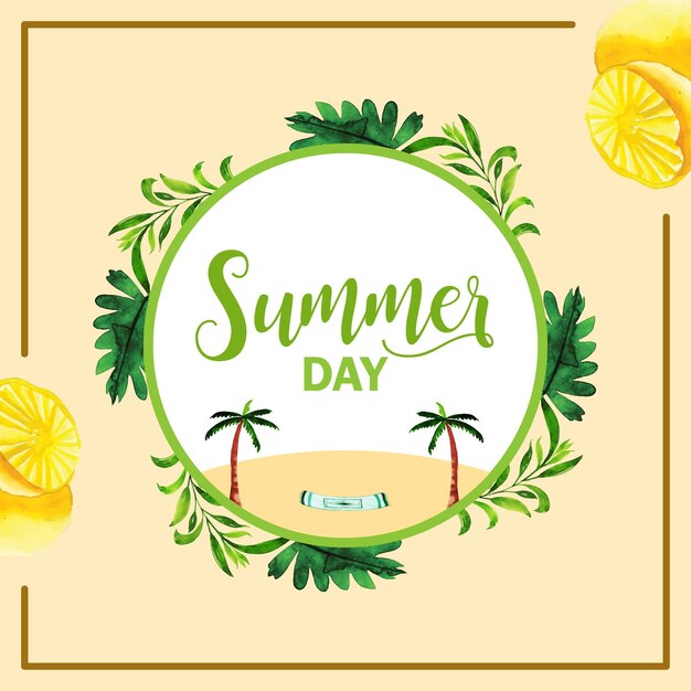 夏の要素ベージュ緑黄色カラフルな背景ソーシャルメディアデザインバナー無料ベクトル