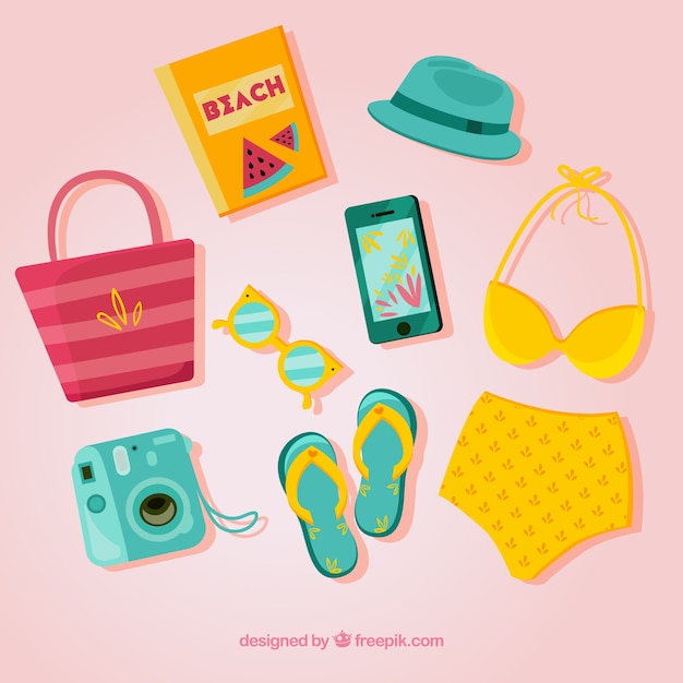 Free vector summer elements collection with clothes in flat style