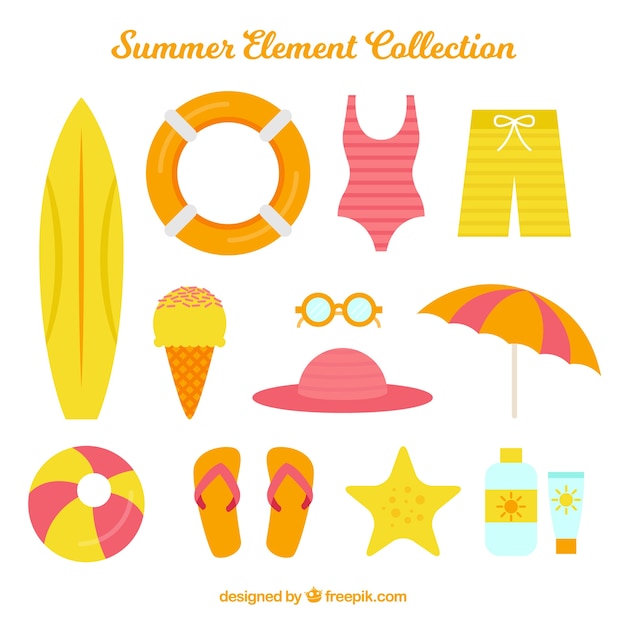 Коллекция летних элементов с одеждой и едой в плоском стиле