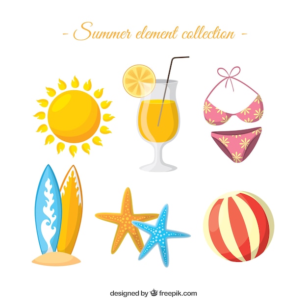 옷과 음식 플랫 스타일의 여름 요소 컬렉션