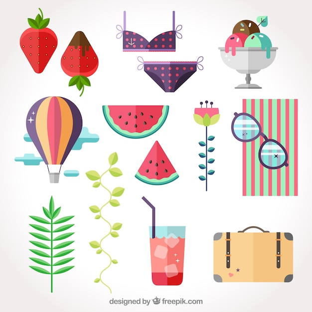 Free vector summer elements collection with clothes and food in flat style