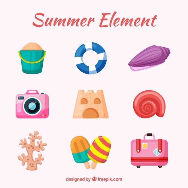 Summer elements collection with clothes and food in flat style