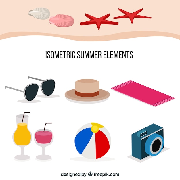 Summer elements collection with clothes in isometric style