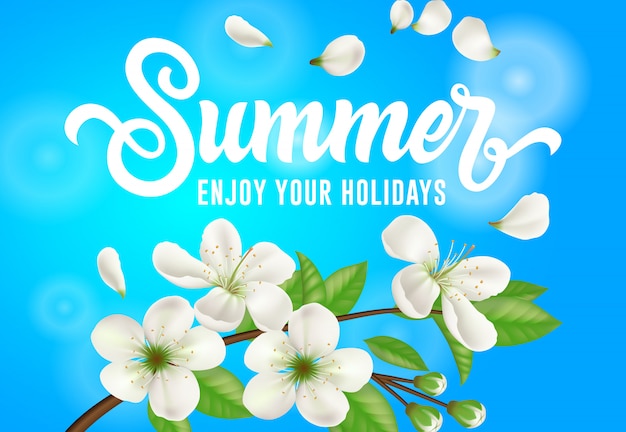 Summer, enjoy your holidays banner with blooming apple tree twig on sky blue background