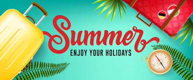 Summer, enjoy your holidays banner with tropical leaves, compass and travel cases 