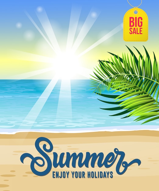 Summer enjoy your holidays, big sale poster with sea, tropical beach, sunrise