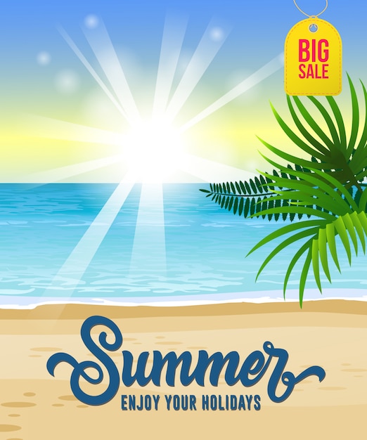 Free vector summer, enjoy your holidays, big sale seasonal poster with ocean, tropical beach