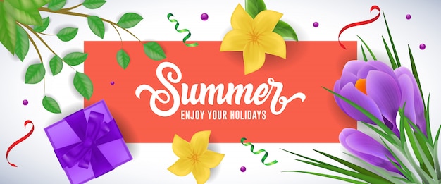 Summer enjoy your holidays lettering in red frame with gift box, flowers and twigs