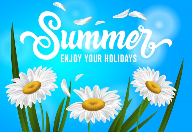 Summer, enjoy your holidays seasonal banner with chamomile flowers