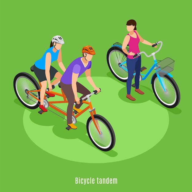 Summer family vacation isometric with father and daughter riding on tandem bicycle vector illustration
